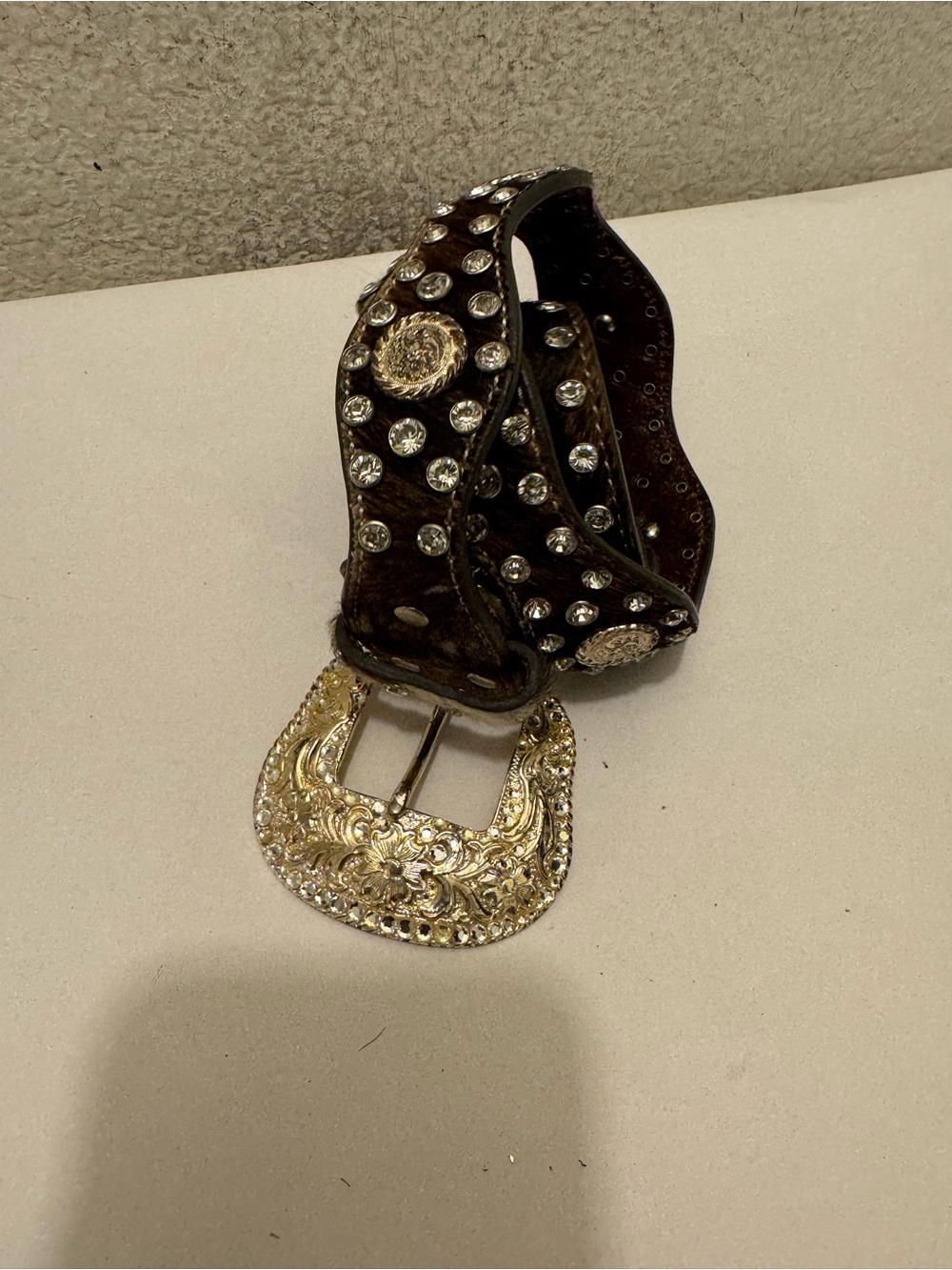 Nocona Brown Leather Rhinestone Belt Ornate Gold Buckle calf hair size L